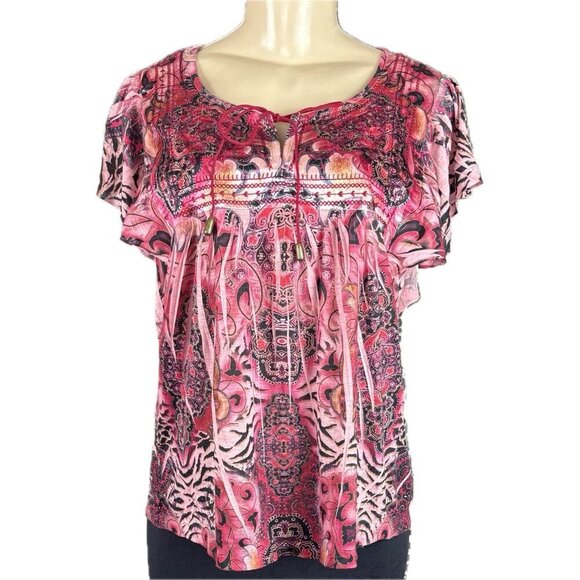 Unity World Wear L Pink Artsy Print Tie Neck Stud Detail Flutter Sleeve Blouse - Picture 2 of 6